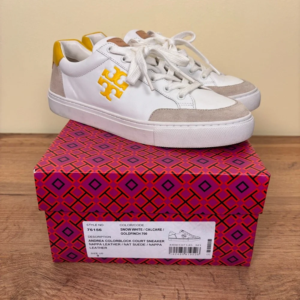 TORY BURCH Andrea‎ Colorblock Court Sneaker White/Goldfinch Yellow Women Size 9